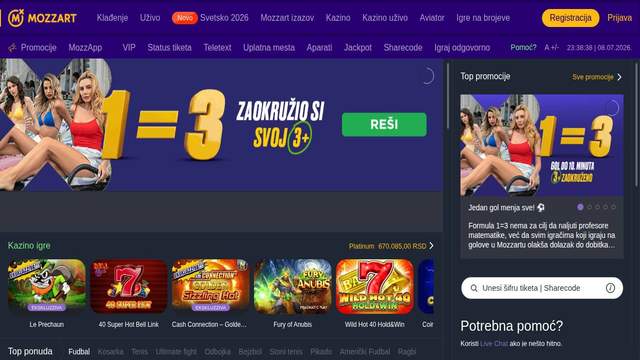 Mozzart Bet casino screenshot
